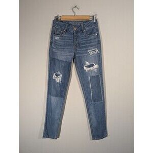 American Eagle Womens Blue Denim Mid Rise Tomgirl Distressed Jeans Sz 00 Grunge
